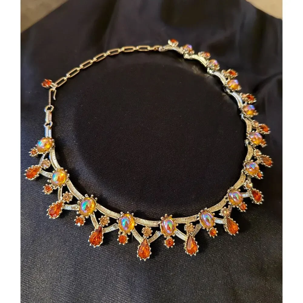 Vintage Signed Coro Necklace and Clip Earrings Set • Teardrop Choker • AB Oil S